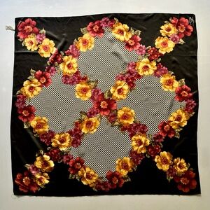 Oscar de la Renta Black Floral Silk Scarf with Yellow, Red & Purple Blooms